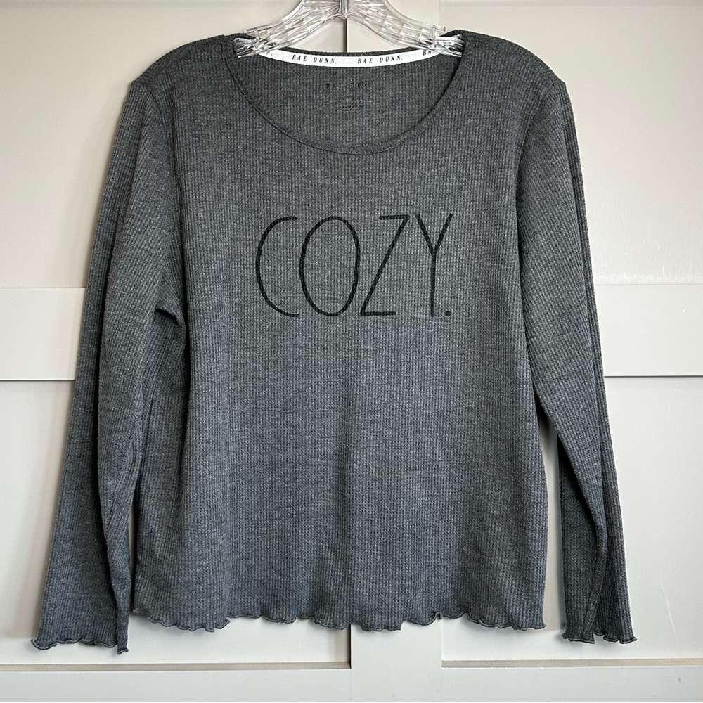 Rae Dunn Cozy Shirt Crop Stretch Top Ribbed Loungewear Gray Long Sleeve Womens L